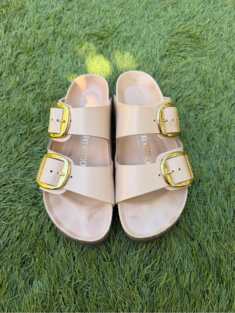 Birkenstock Arizona Sandals in Light Pink with Gold Buckles